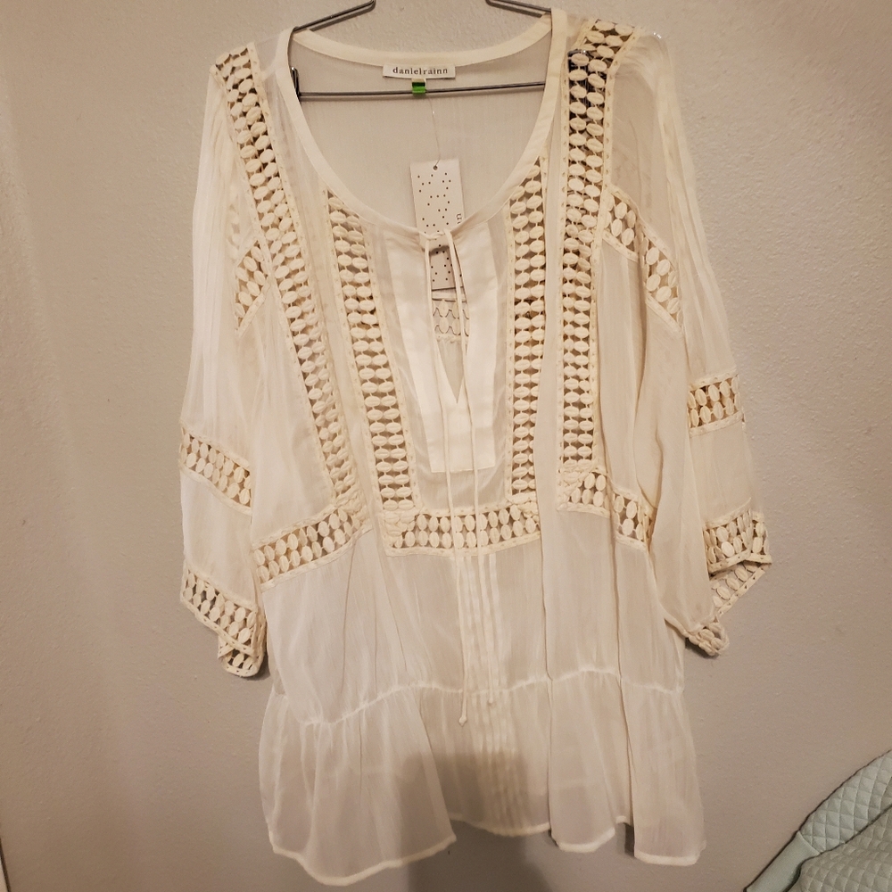 NWT 1X Daniel Rainn Sheer Boho blouse Ivory